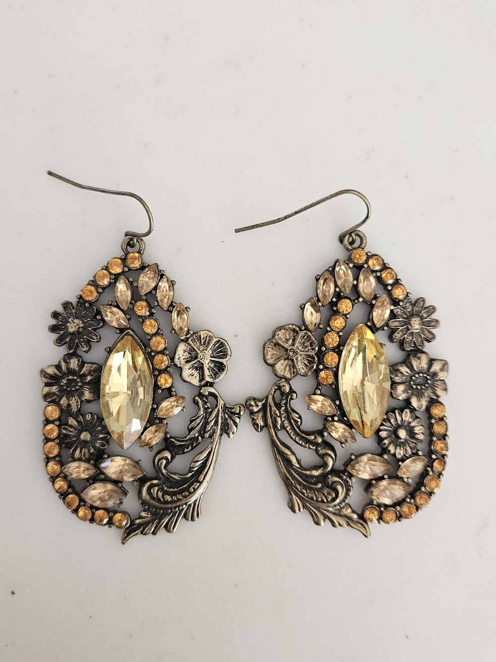 Vintage Floral Crystal Drop Earrings, Brass And Citrine Colored